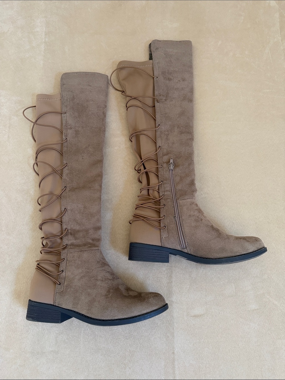 Over-the-Knee Lace-Up Taupe Boots with Side Zip size 7
